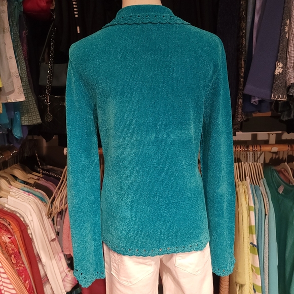 MARK, FORE & STRIKE ♡ Gorgeous Teal Soft Chenille Crochet Knit Button Cardigan M - Picture 7 of 15